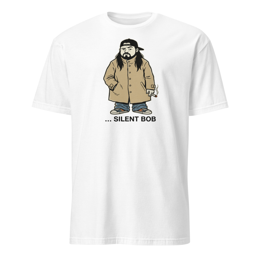 Silent Stoner Sidekick Trench Coat Punk Caricature Tee — Men's Basic Tee — white front view