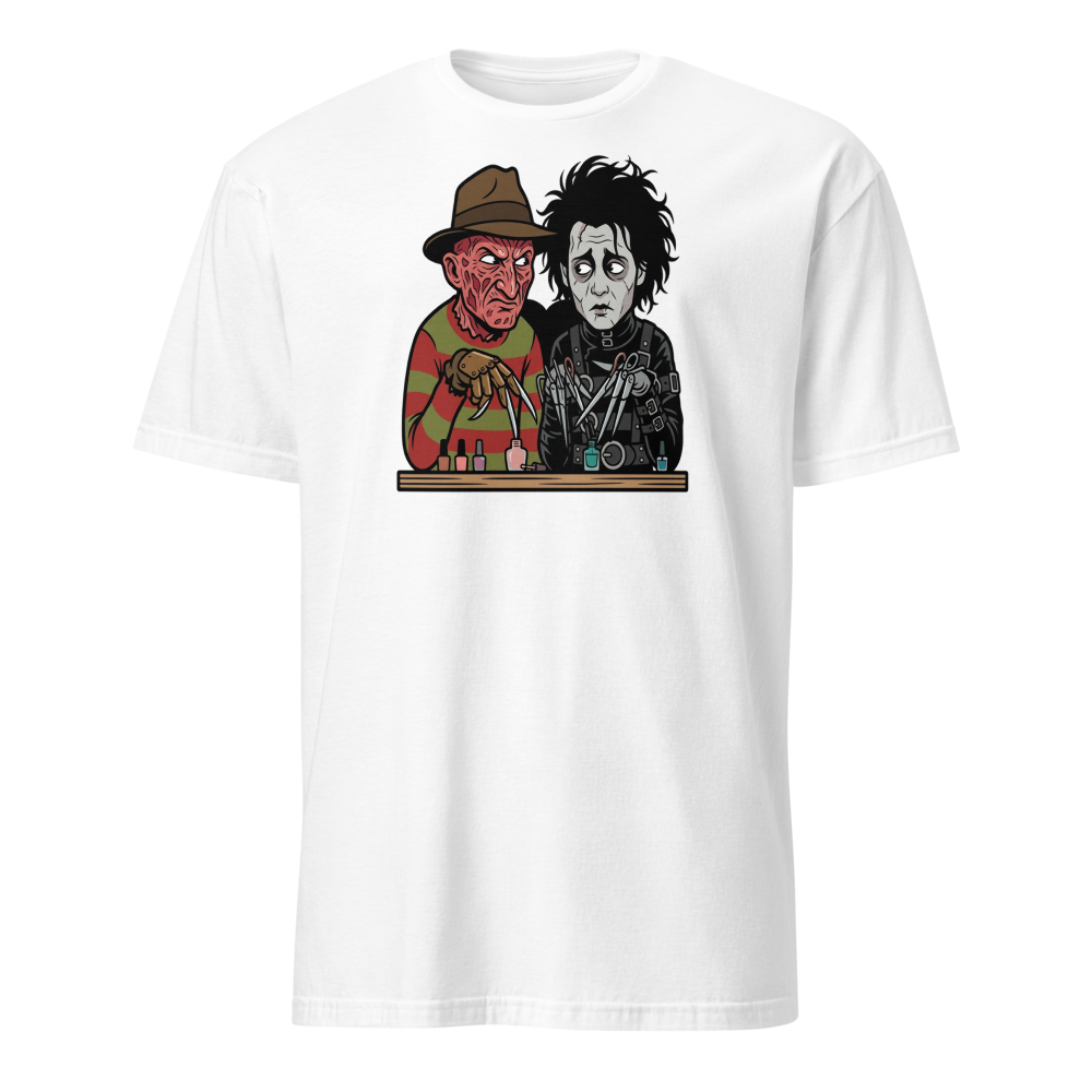 Bladed Villains Nail Salon Side-Eye Horror Tee — Men's Basic Tee — white front view