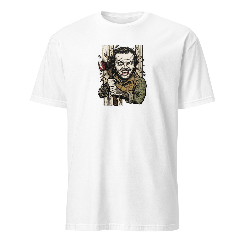 Axe Maniac Door Breach Blackwork Horror Tee — white front view