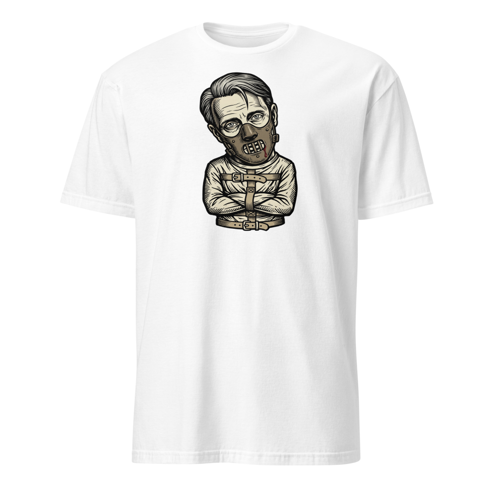 Polite Cannibal Muzzle Mask Linocut Horror Tee — Men's Basic Tee — white front view