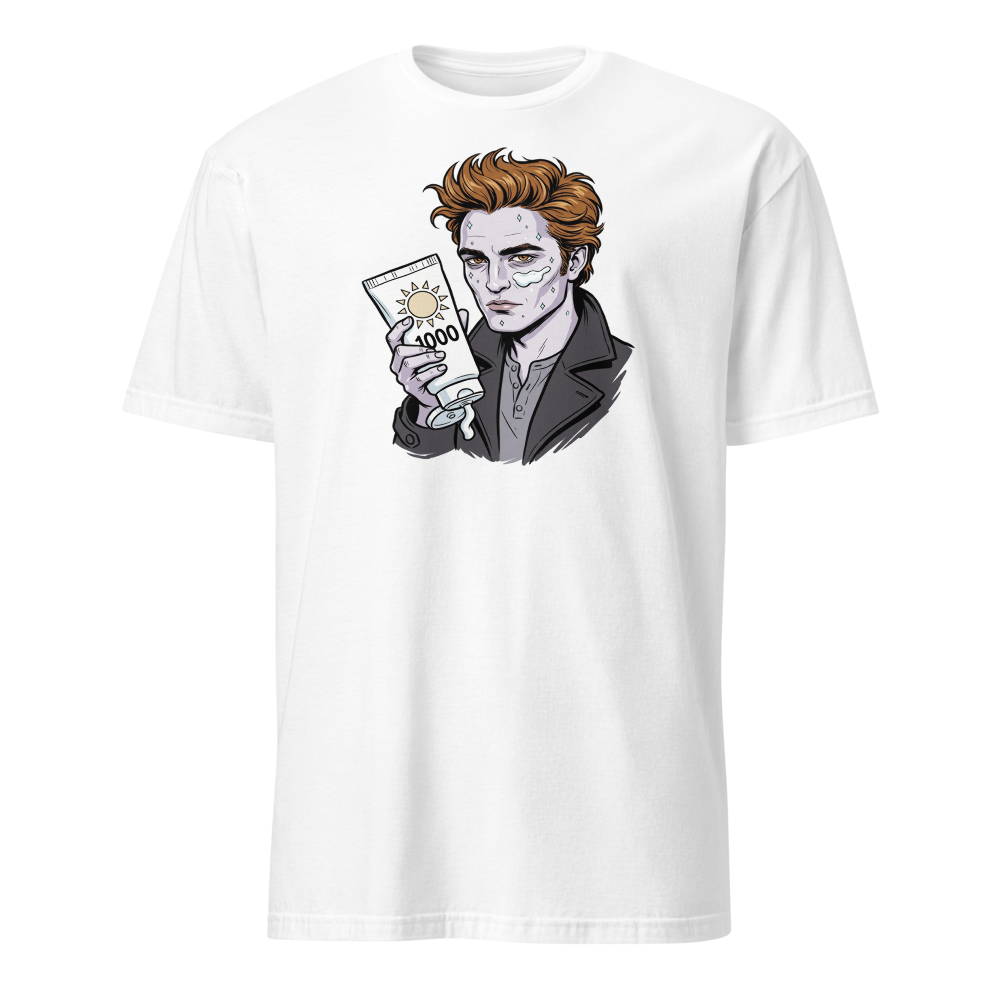 Sparkling Vampire SPF 1000 Sunscreen Parody Tee — Men's Basic Tee — white front view