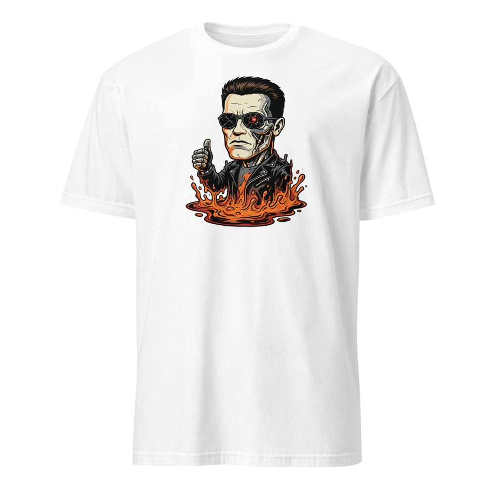 Molten Steel Thumbs Up Cyborg Comic Ink Tee — Men's Basic Tee — white front view