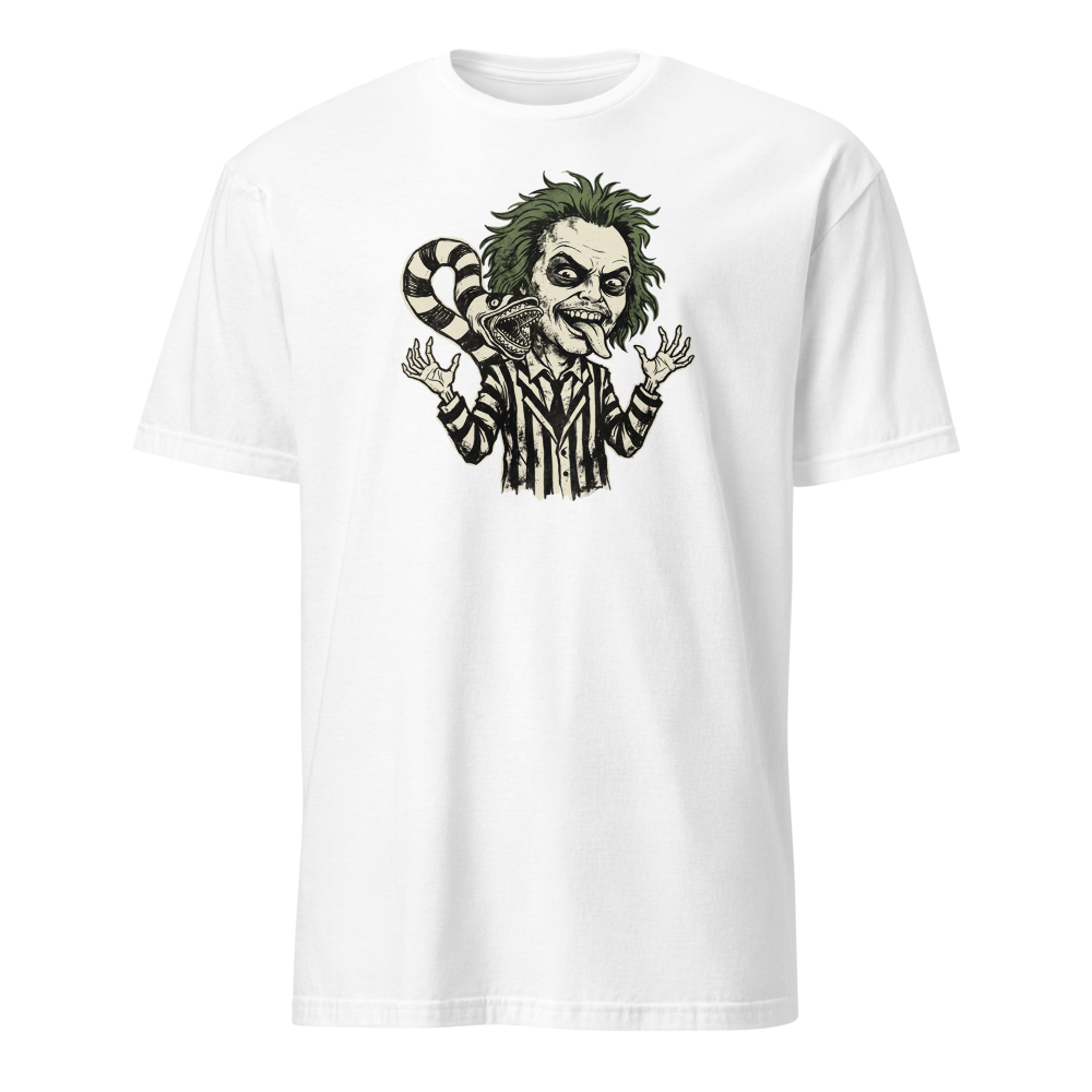 Bio-Exorcist Ghoul Pinstripe Punk Horror Comedy Tee — white front view