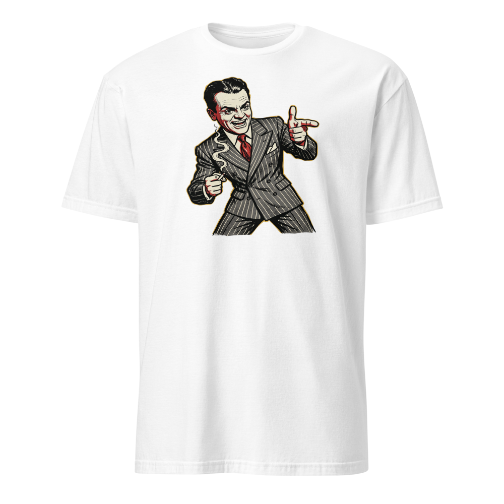 Pinstripe Gangster Finger-Gun Punk Caricature Tee — white front view