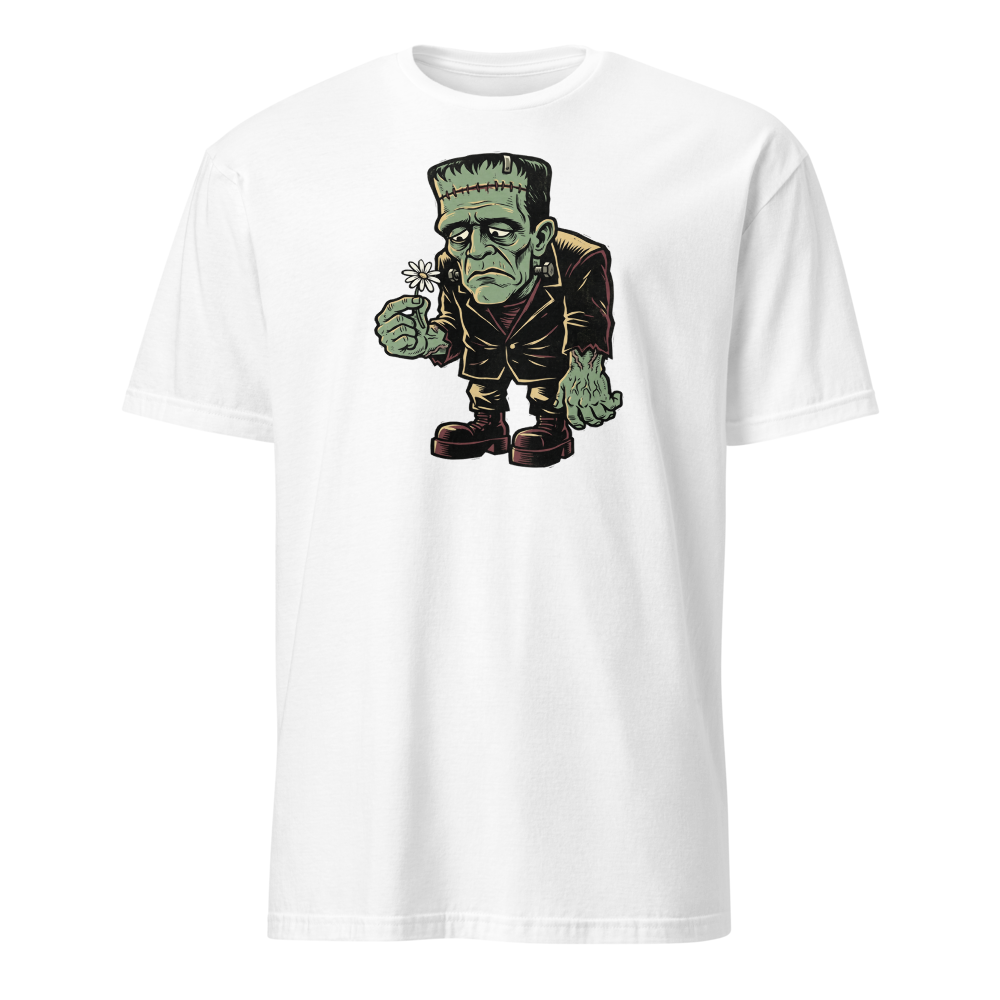 Confused Stitched Monster Holding Daisy Woodcut Tee — white front view