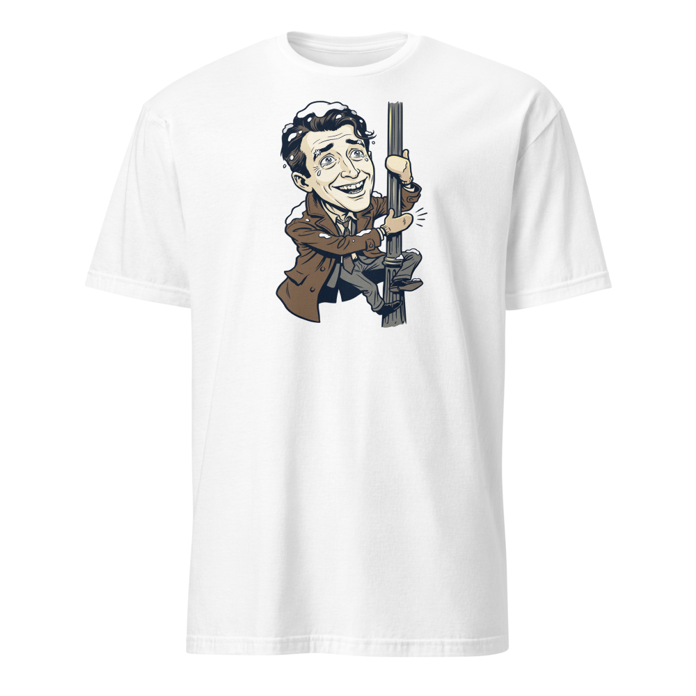 Snowy Lamppost Hug Christmas Movie Caricature T-Shirt — white front view