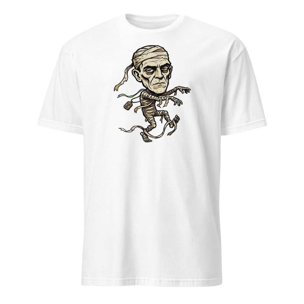 Tripping Mummy Woodcut Vintage Horror Tee — white front view
