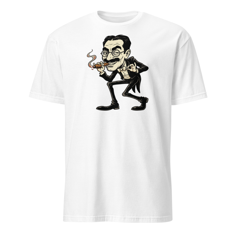 Sneaky Vaudeville Comedian Cigar Caricature Tee — white front view