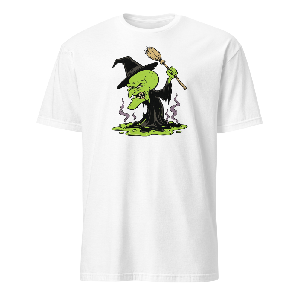 Melting Green Witch Editorial Cartoon Parody Tee — white front view