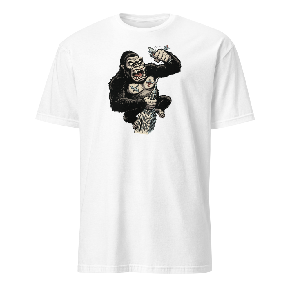 Giant Ape Skyscraper Biplane Smash Comic Tee — white front view
