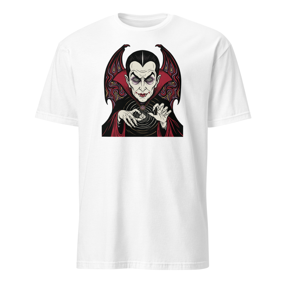Caped Count Hypnotizes Garlic Psychedelic Horror Tee — white front view