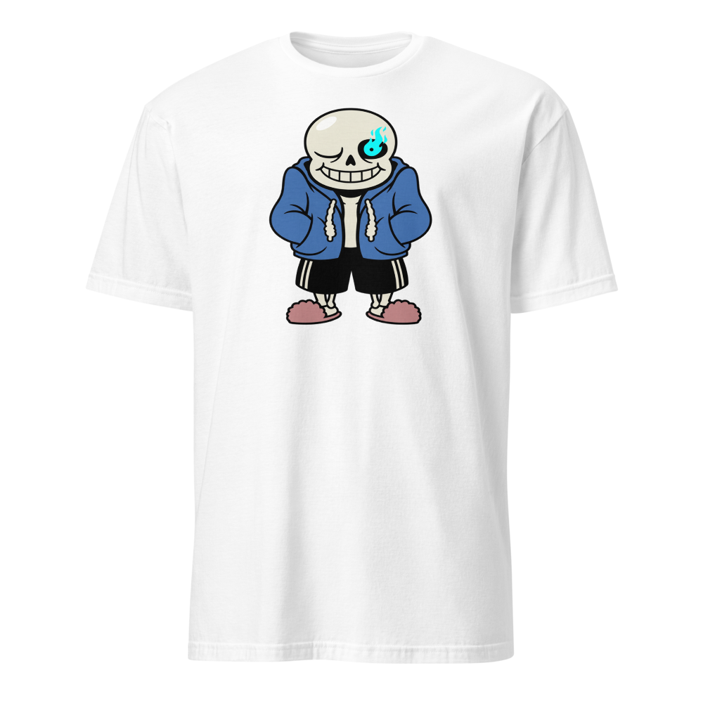 Lazy Skeleton Blue Hoodie Indie RPG Tee — white front view