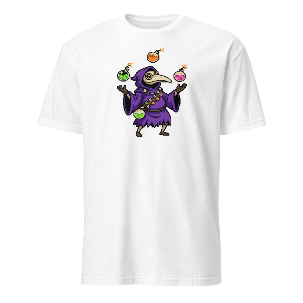Hooded Pixel Alchemist Potion Juggler Retro Tee — white front view