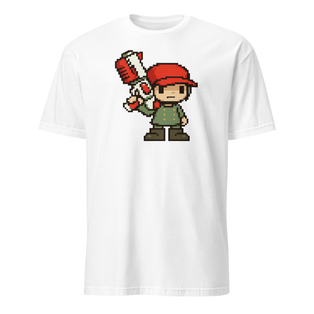 Silent Pixel Hero Oversized Blaster Retro Tee — white front view