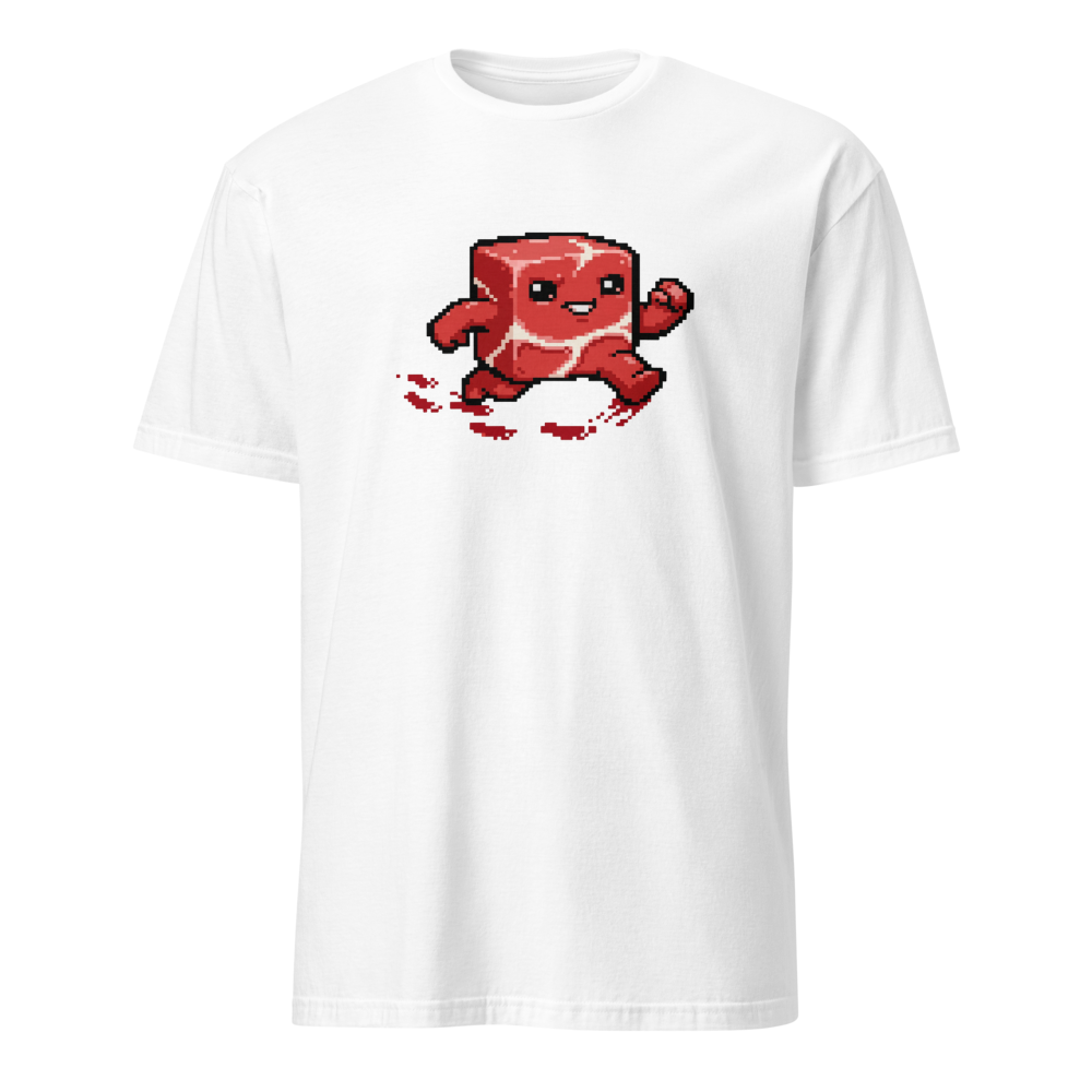 Running Meat Cube 16-Bit Pixel Platformer Tee — white front view