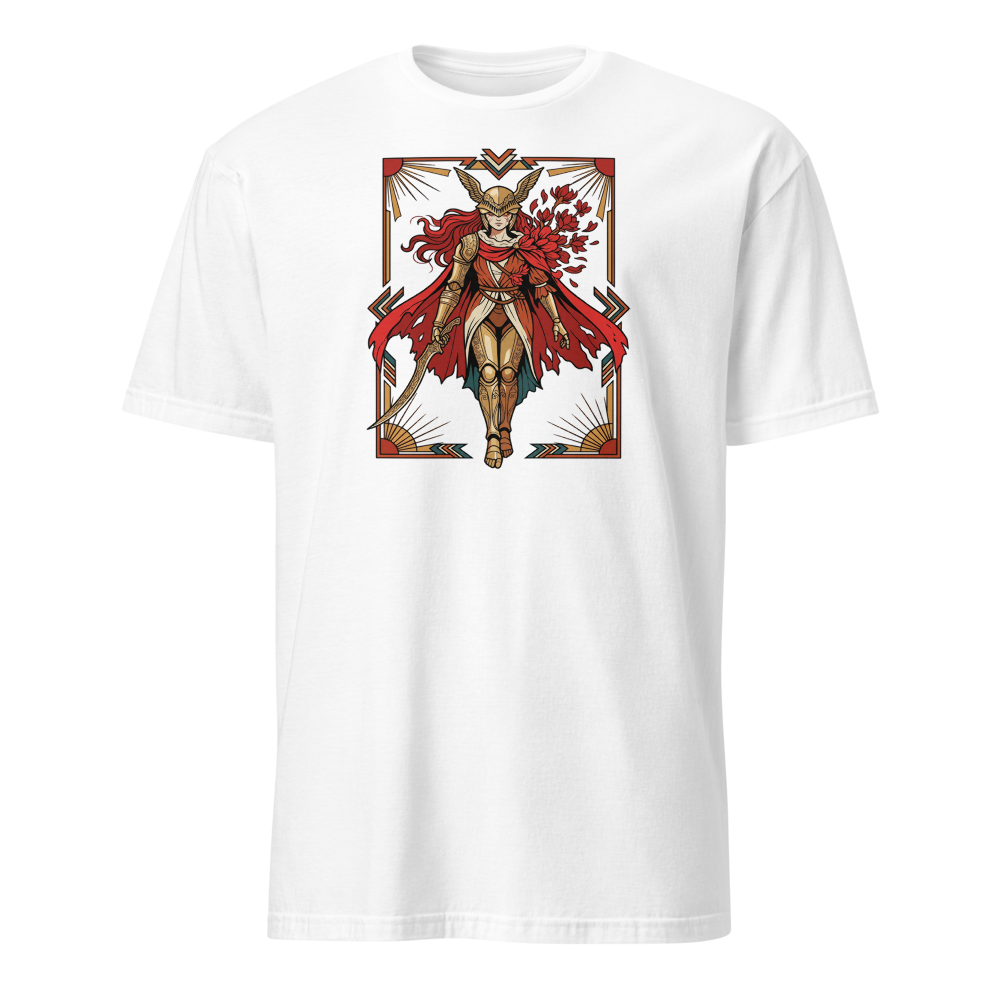 Deco Valkyrie Scarlet Bloom Knight Graphic T-Shirt — white front view