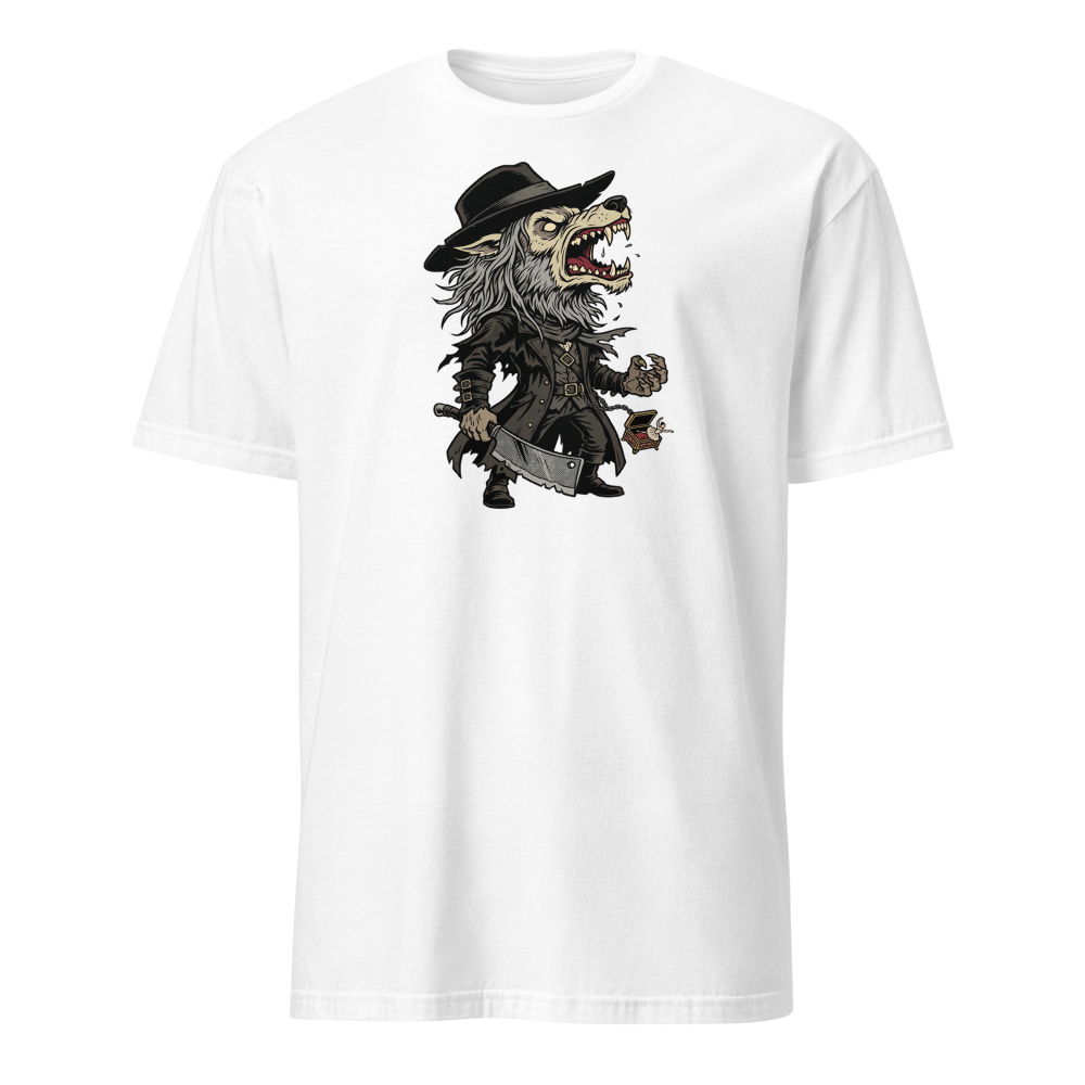 Beast Hunter Howling Tricorn Cleaver Comic Ink Tee — white front view