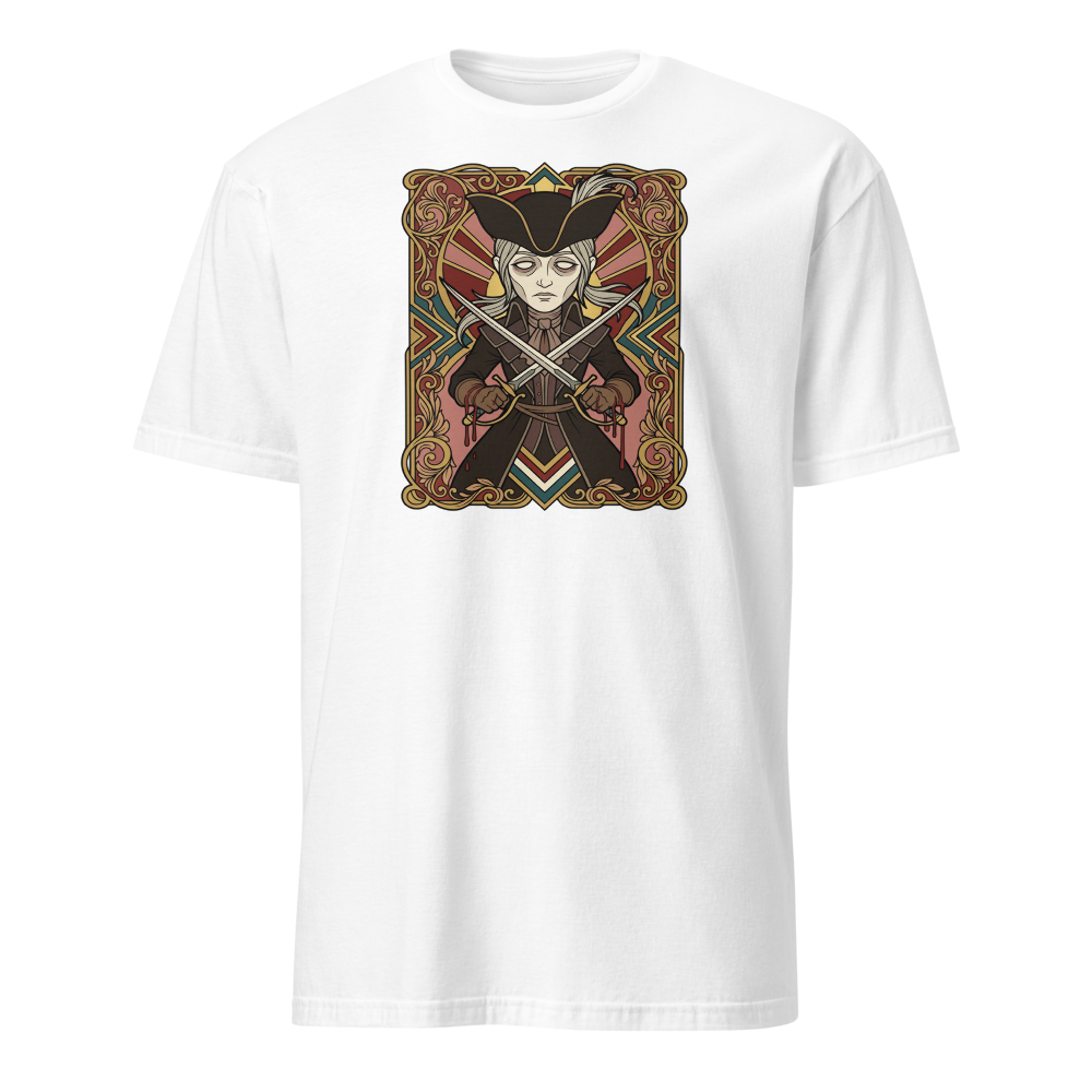 Clocktower Hunter Twin Blades Deco Duel Tee — white front view