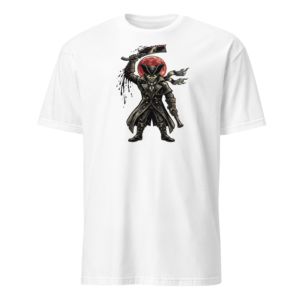 Gothic Hunter Blood Moon Linocut Horror Tee — white front view