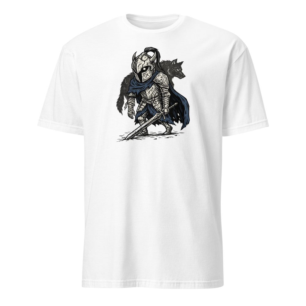 Broken Knight Abysswalker Blackwork Linocut Tee — white front view
