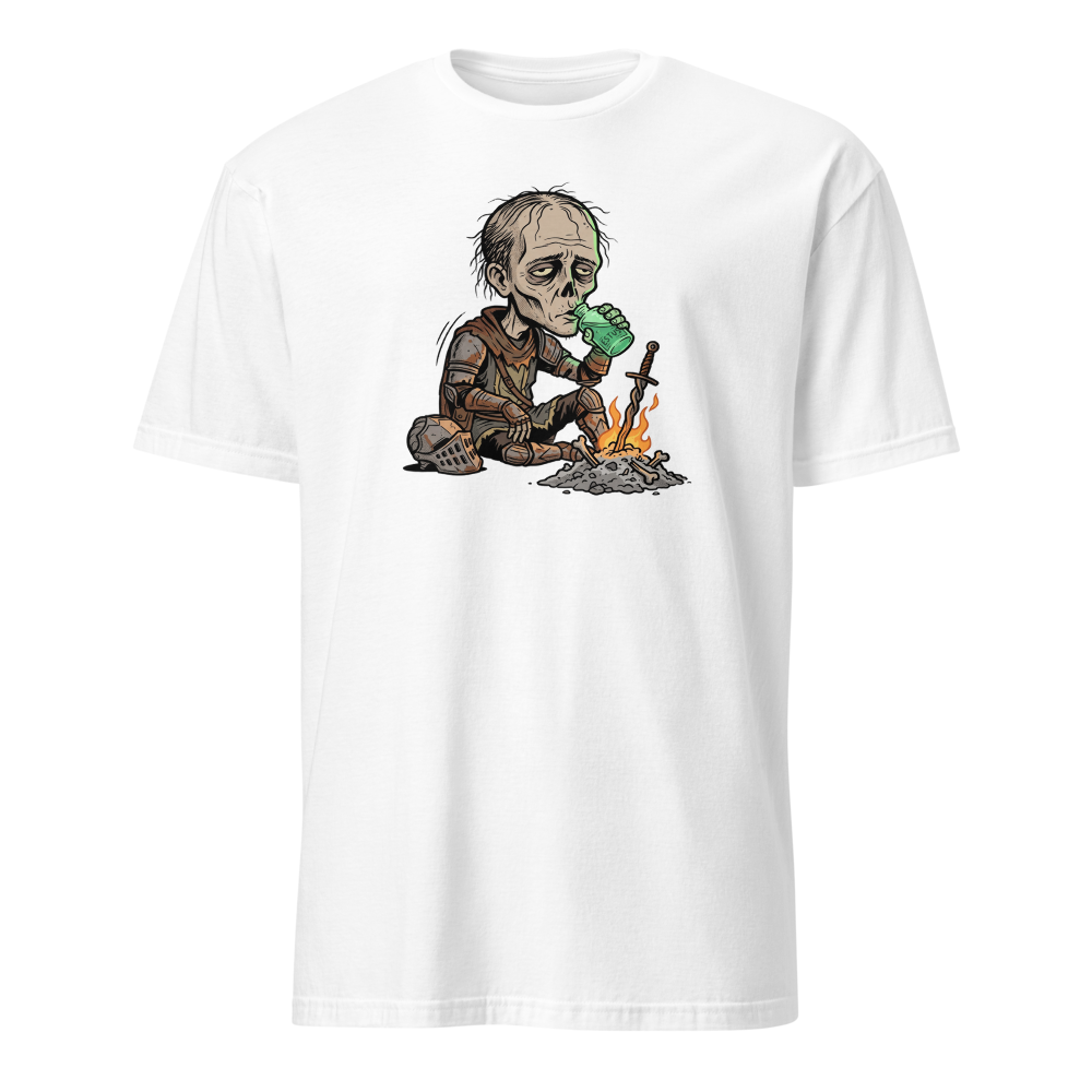 Hollow Knight Bonfire Estus Coffee Soulslike Parody Tee — white front view