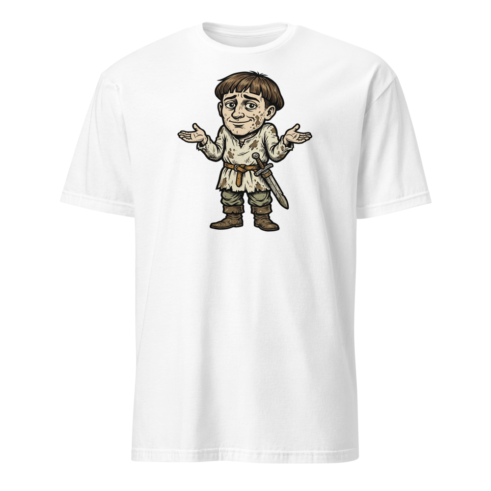 Medieval Peasant Shrug Woodcut Retro RPG Tee — white front view