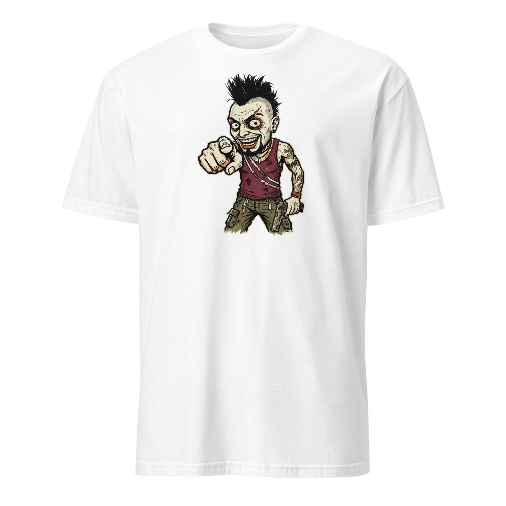 Unhinged Jungle Warlord Punk Caricature Tee — white front view