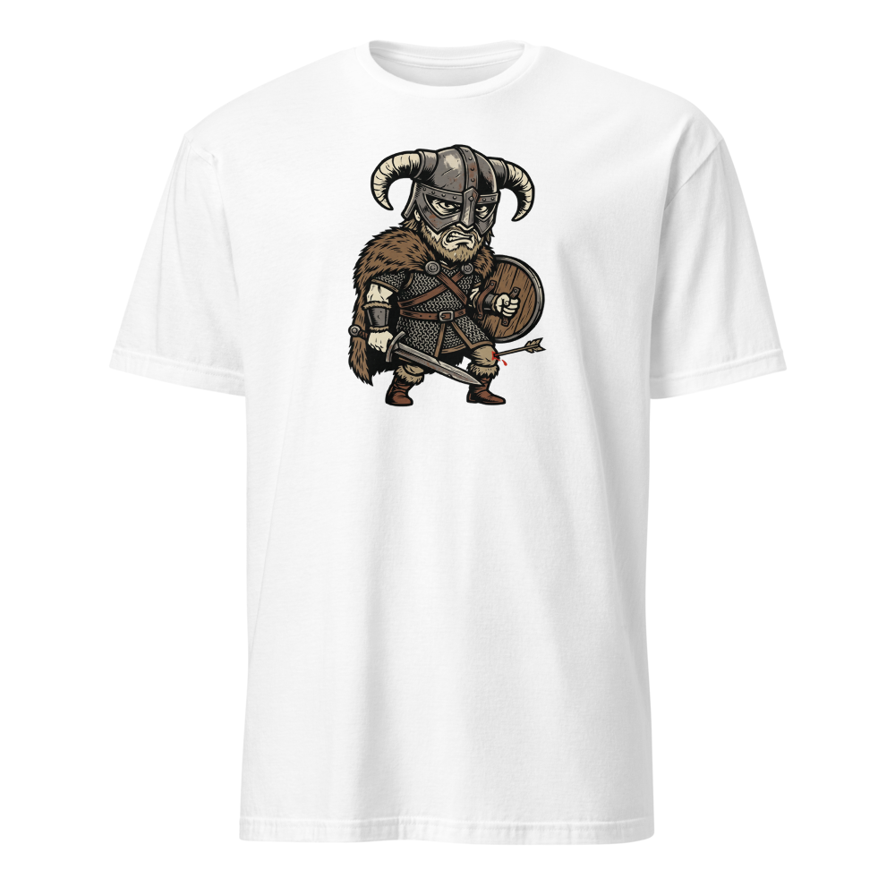 Horned Helmet Hero Arrow To The Knee Woodcut Tee — white front view