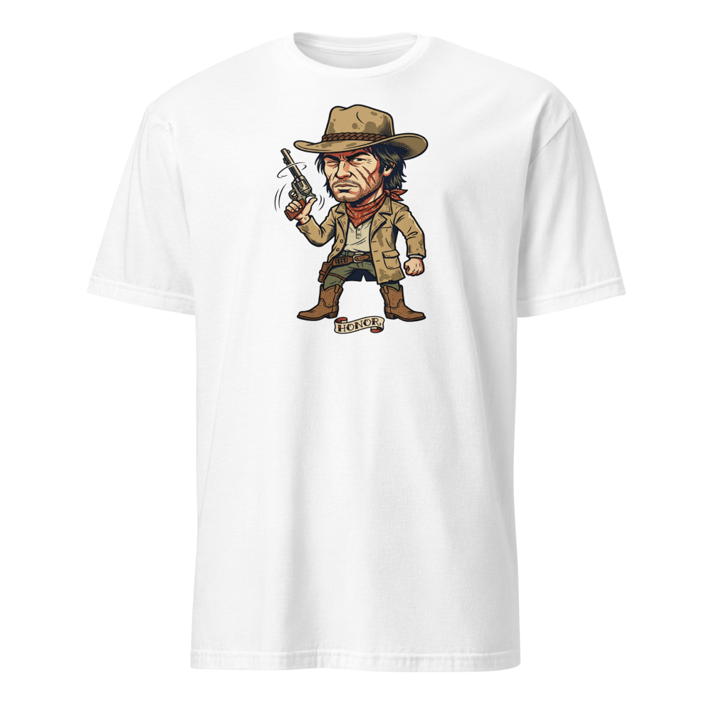 Scarred Outlaw Revolver Spinner Tattoo Flash Tee — white front view