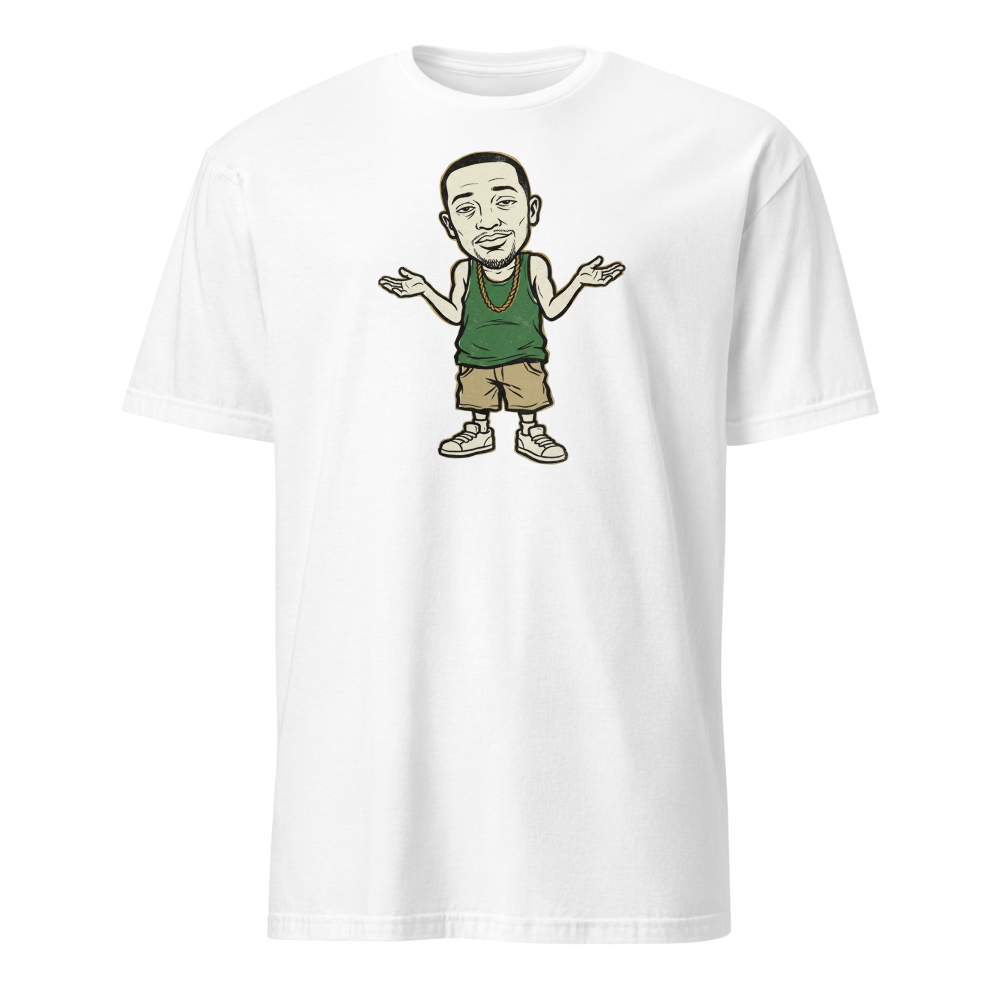 Here We Go Again Open-World Shrug Punk Tee — white front view