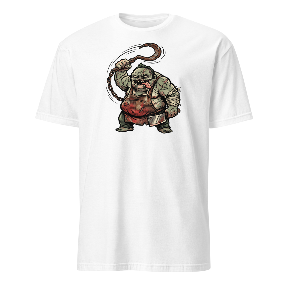 Butcher Hook Pop Art Halftone Gaming Tee — white front view