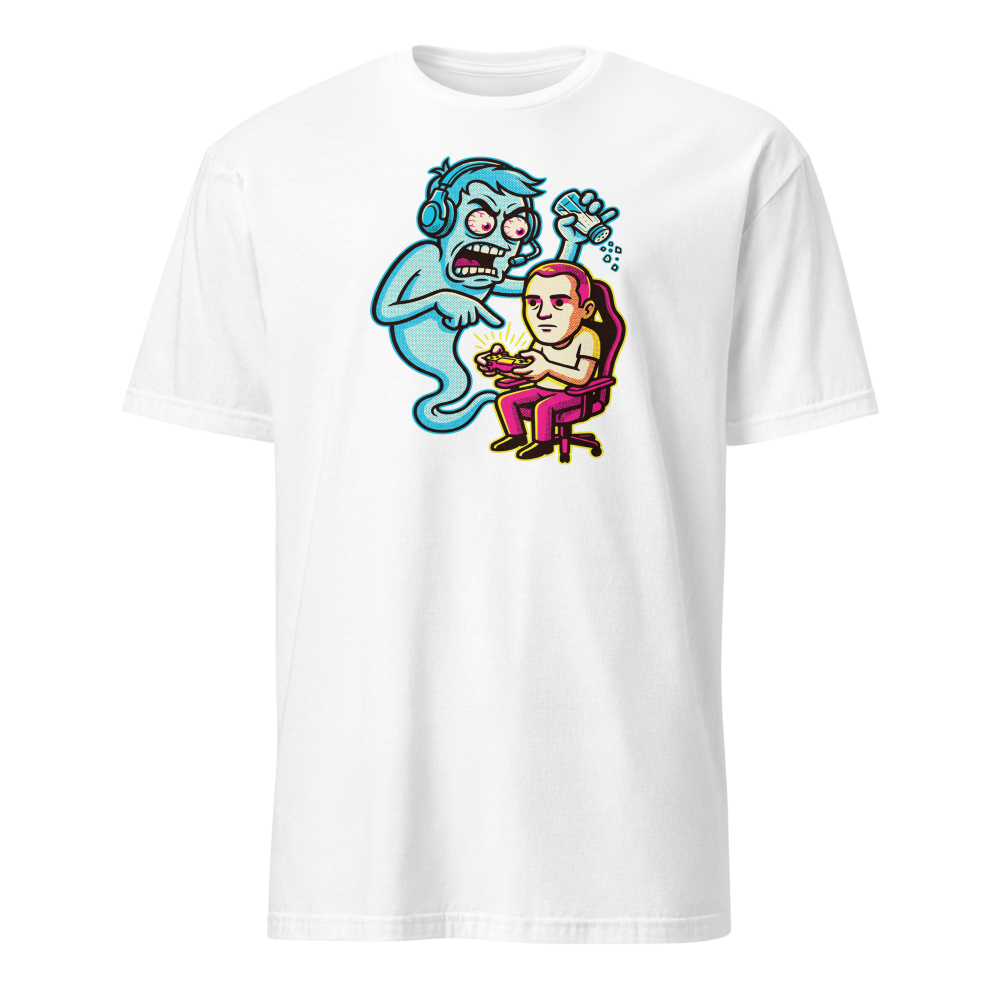 Salty Ghost Backseat Gamer Halftone Pop Art Tee — white front view