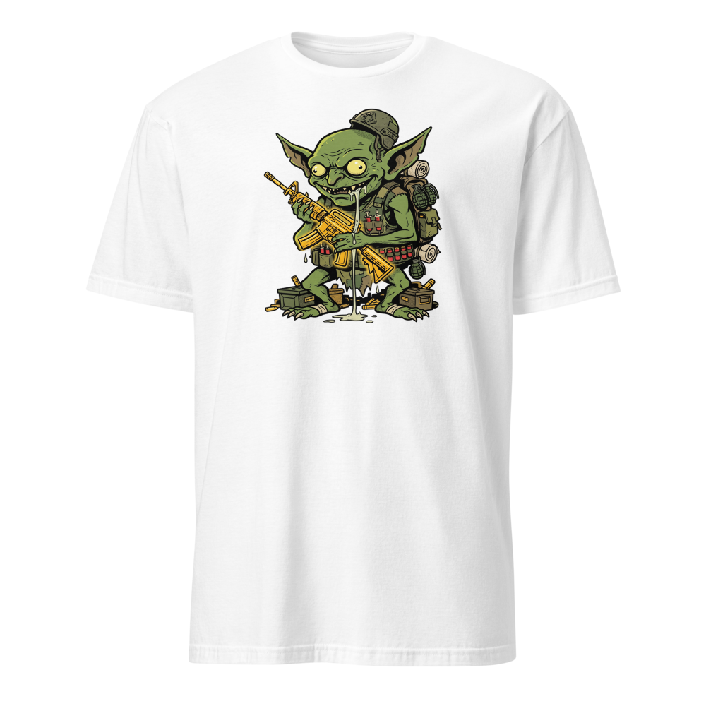 Loot Gremlin Gold Rifle Battle Royale Gamer Tee — white front view