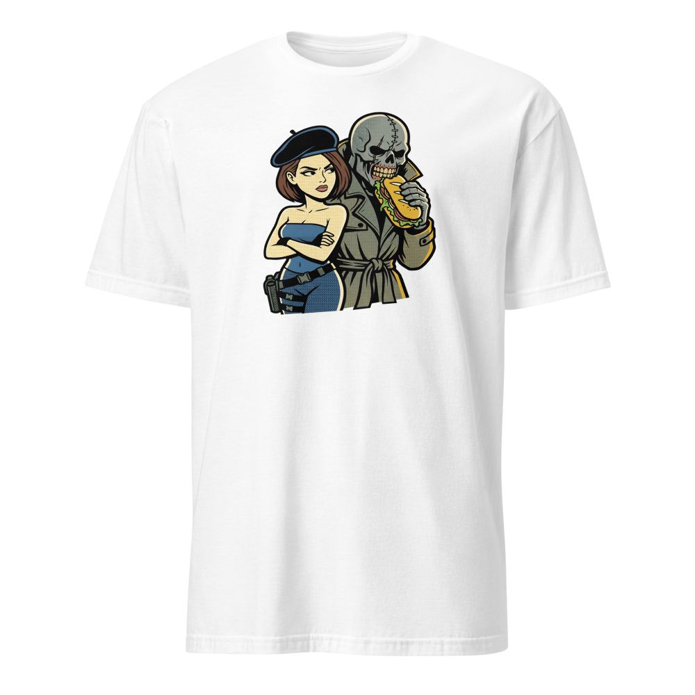 Parisian Beret Survival Horror Sandwich Parody Tee — white front view