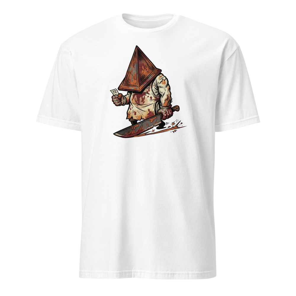 Horror Executioner at the DMV Halftone Parody Tee — white front view
