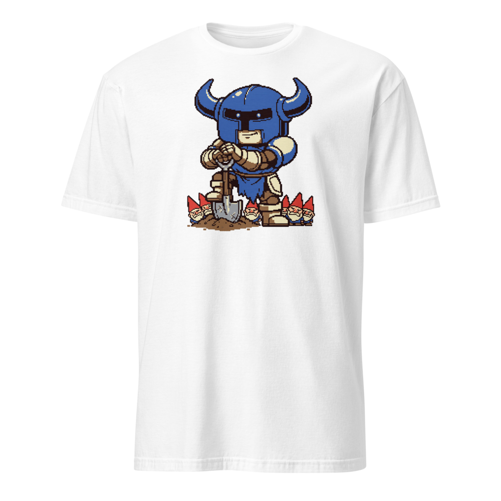 Pixel Knight Gnome Gardener Retro 16-Bit Gaming Tee — white front view