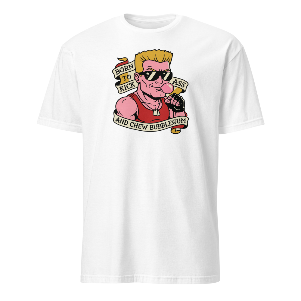 Bubblegum Action Hero Traditional Tattoo Flash Tee — white front view
