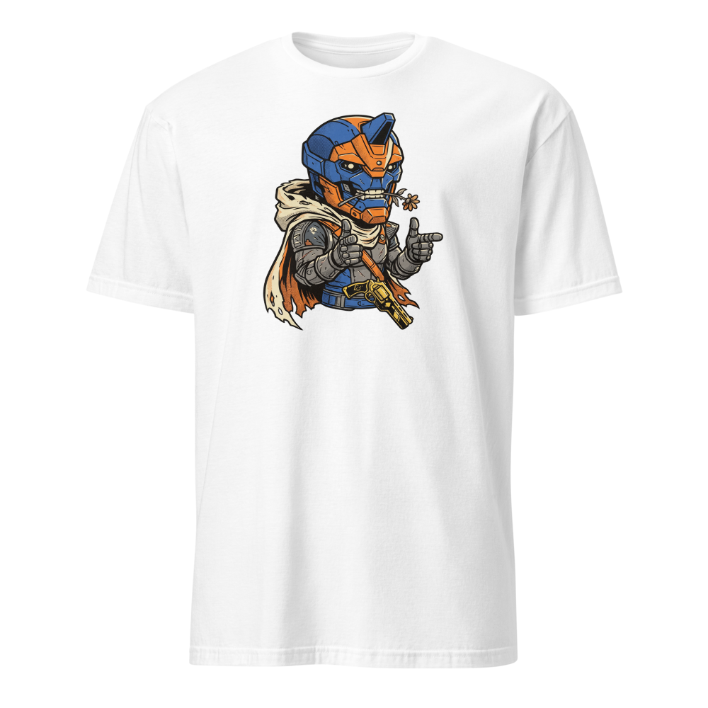 Wisecracking Exo Gunslinger Halftone Pop Art Tee — white front view