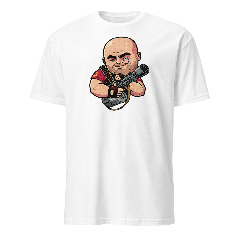 Big Russian Gunner Minigun Hug Pop Art Tee — white front view