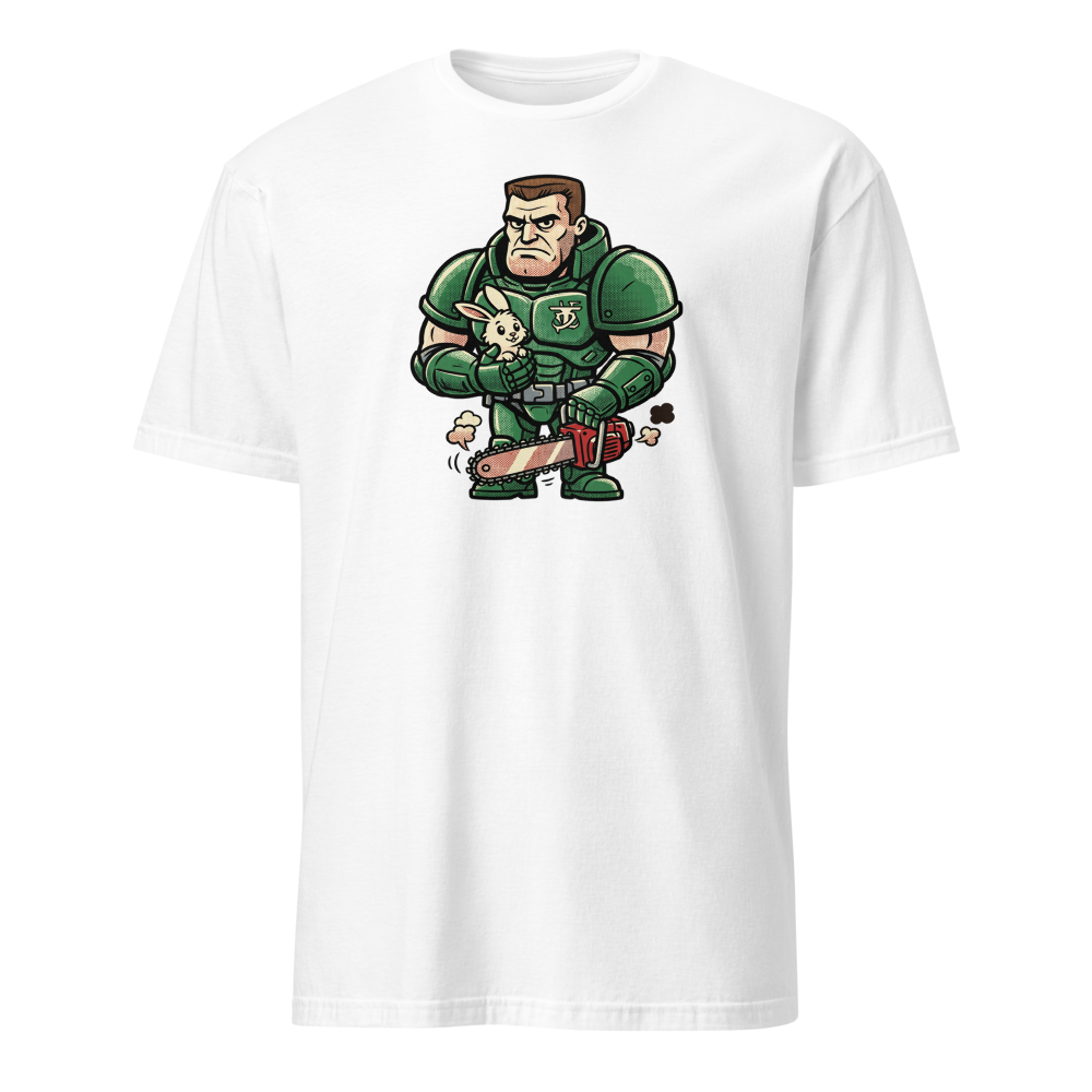 Space Marine Bunny Hug Halftone Pop Art Tee — white front view