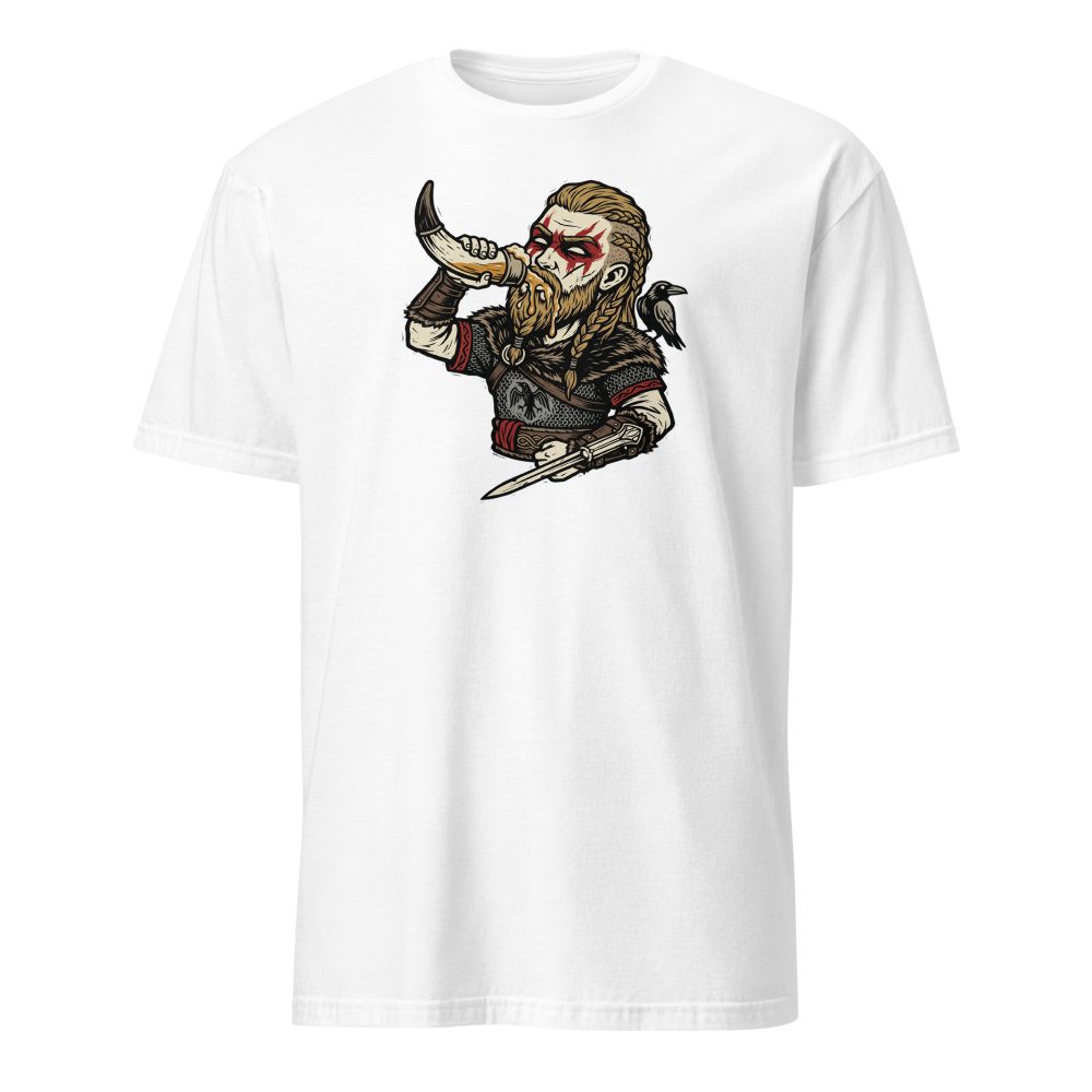 Viking Raider Mead Horn Hidden Blade Woodcut Tee — white front view