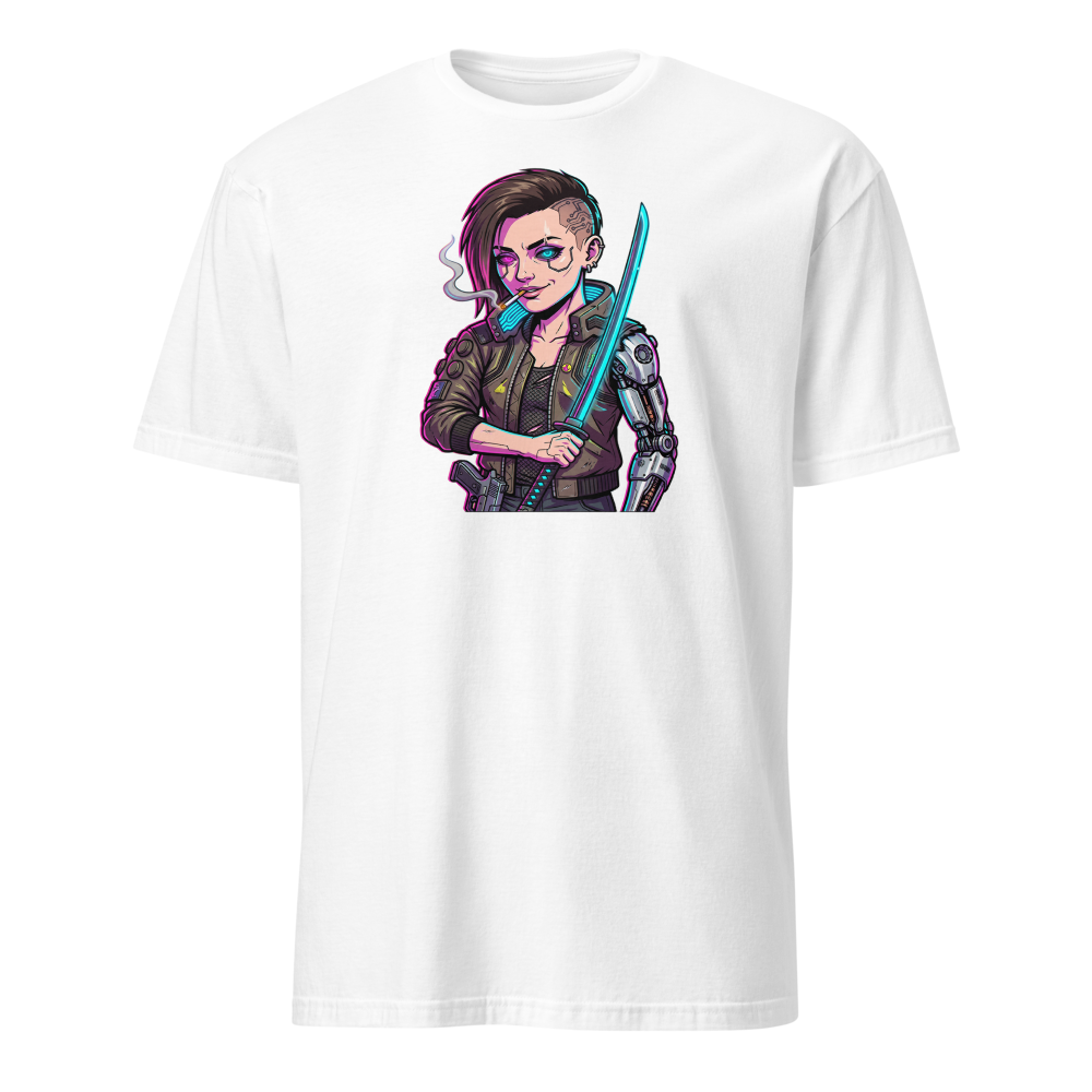 Neon Night City Chrome Merc Katana Tee — white front view