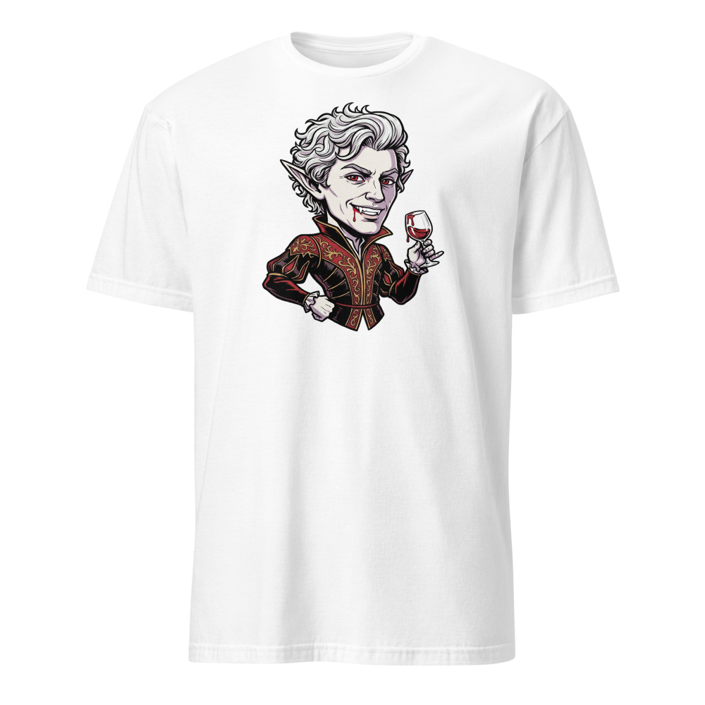 Smug Vampire Elf Rogue Comic Ink Tee — white front view