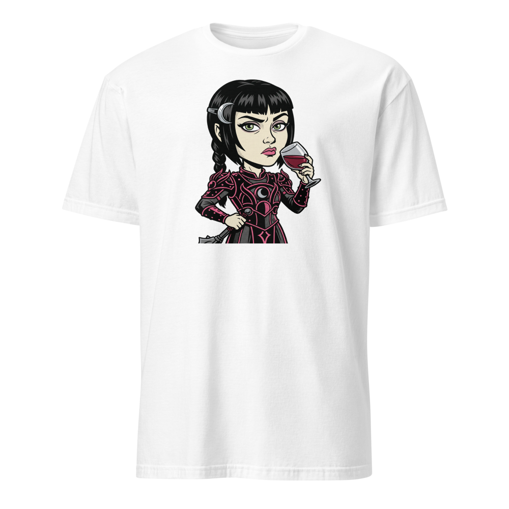 Moody Cleric Wine Judgment Comic Ink RPG Tee — white front view