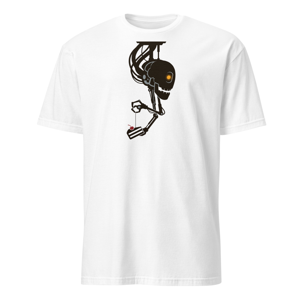 Sarcastic Ceiling AI Dangling Cake Silhouette Tee — white front view