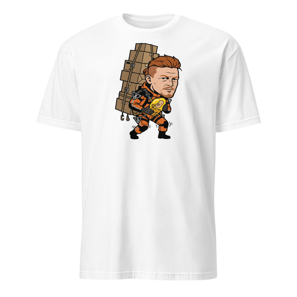 Overworked Courier Parcel Tower Delivery Tee — white front view