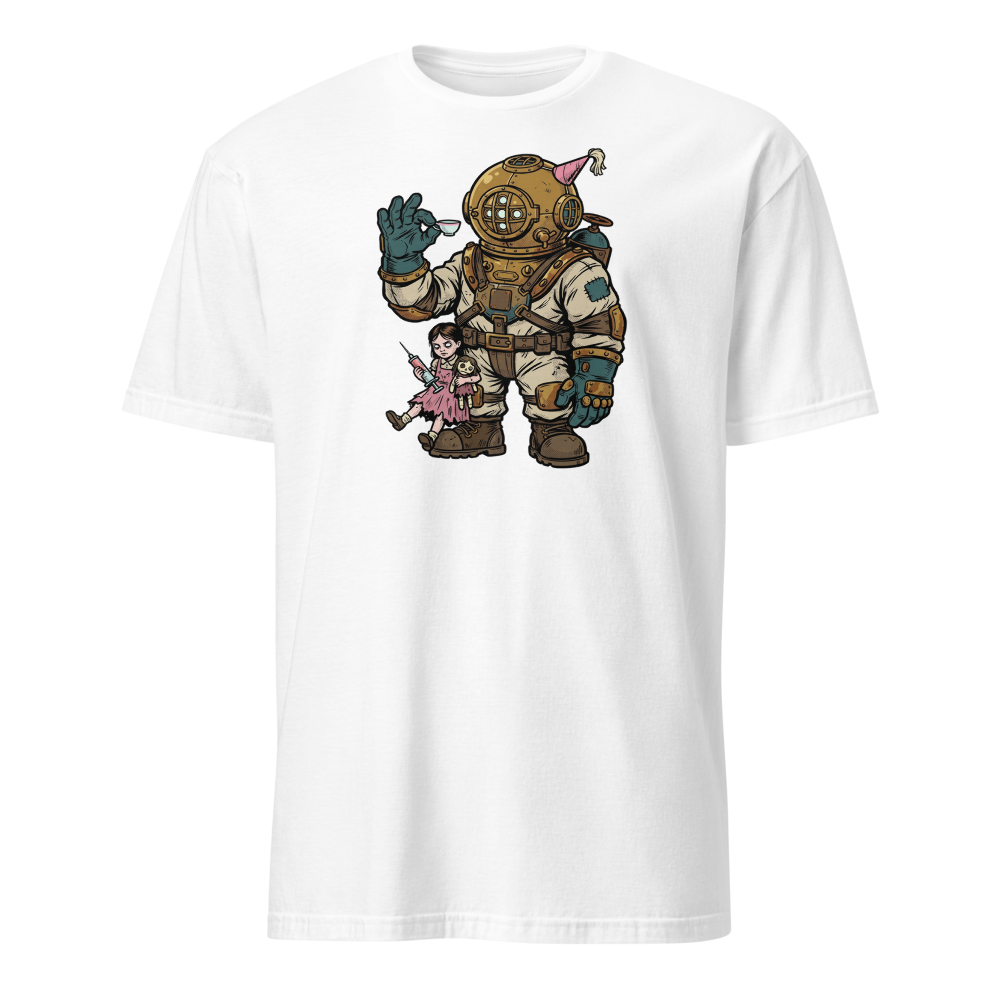 Deep Sea Diver Tea Party Comic Ink Graphic Tee — white front view