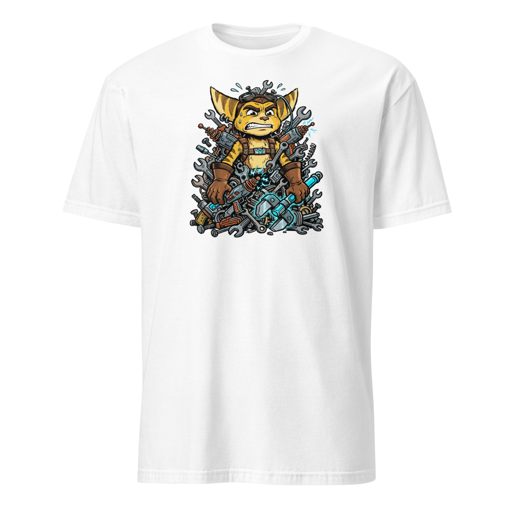 Overwhelmed Space Mechanic Wrench Pile Comic Tee — white front view