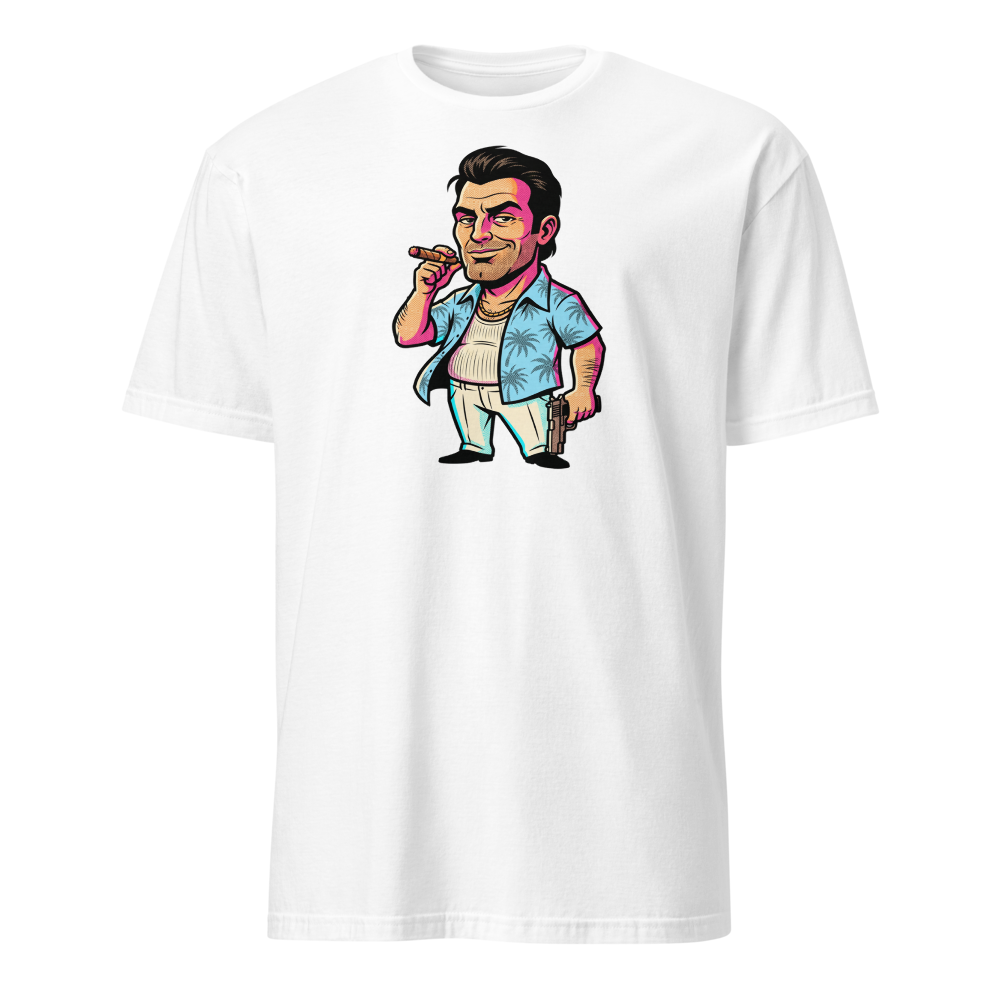 Tropical Mobster Halftone Pop Art Neon Miami Tee — white front view
