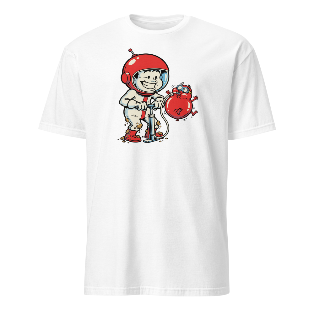 Retro Arcade Pump Clown Comic Ink Graphic Tee — white front view